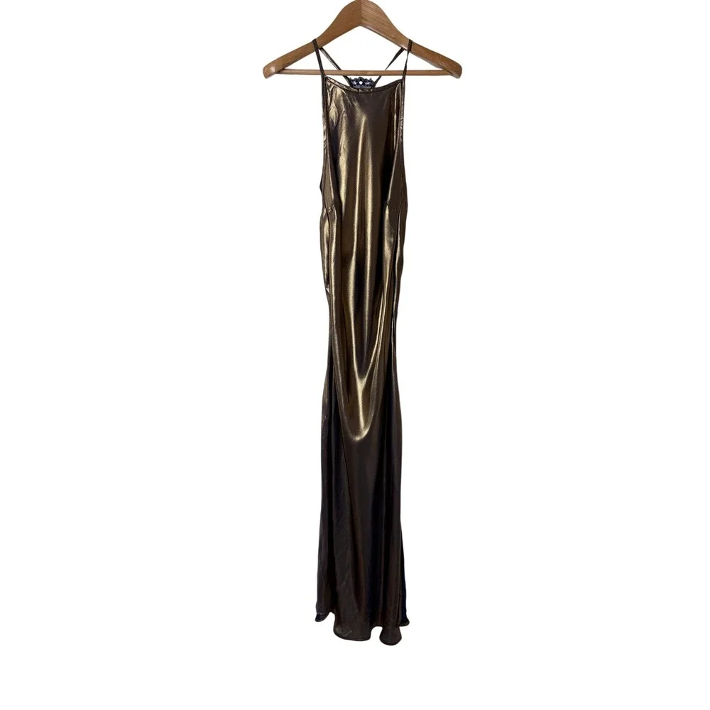 Free‎ People Gold Dust Midi Slip Dress Metallic Bronze Lace Back Halter XS NWT